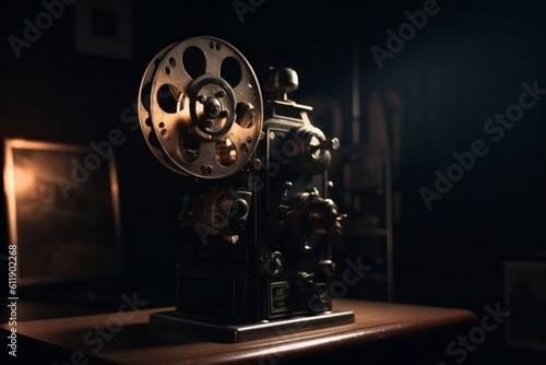 Vintage old fashioned projector in a dark room projecting a film cinematography concept