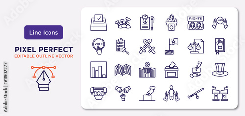 political outline icons set. thin line icons such as election, women rights, war, poll, bribe, ballot, nightstick, debate vector.
