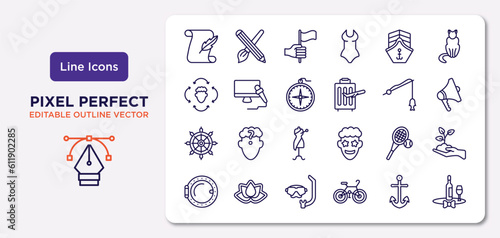people skills outline icons set. thin line icons such as calligraphist, cargo ship front view, big compass, boat rudder, tennis player, diving mask, sailboat anchor, sommelier vector.