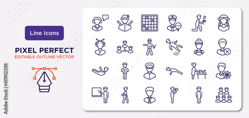 people outline icons set. thin line icons such as monologue, give flower, policeman standing up, locust, baby changing, business tie, vertical, relation vector.