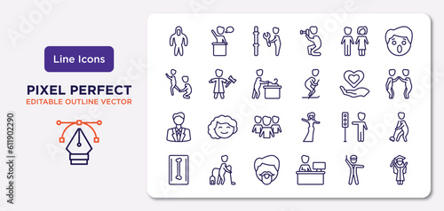 people outline icons set. thin line icons such as protective suit, woman and man partners, carpenter working, business suit, traffic hand, hipster smile, policeman working, graduating woman vector.