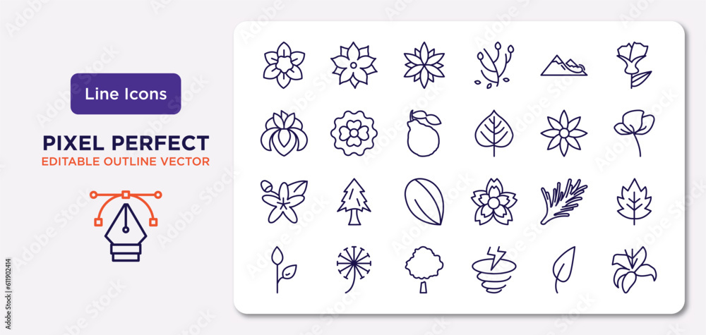 nature outline icons set. thin line icons such as narcissus, snowslide, bergamot, neroli, rosemary, beech, acicular, lily vector.