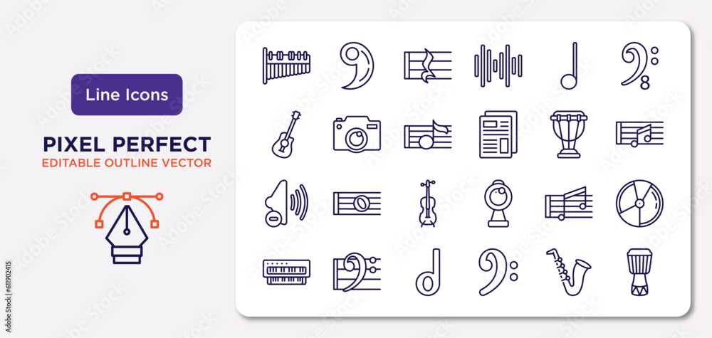 music and media outline icons set. thin line icons such as marimba, quarter note, crotchet, low volume speaker, beam, minim, jazz, djembe vector.