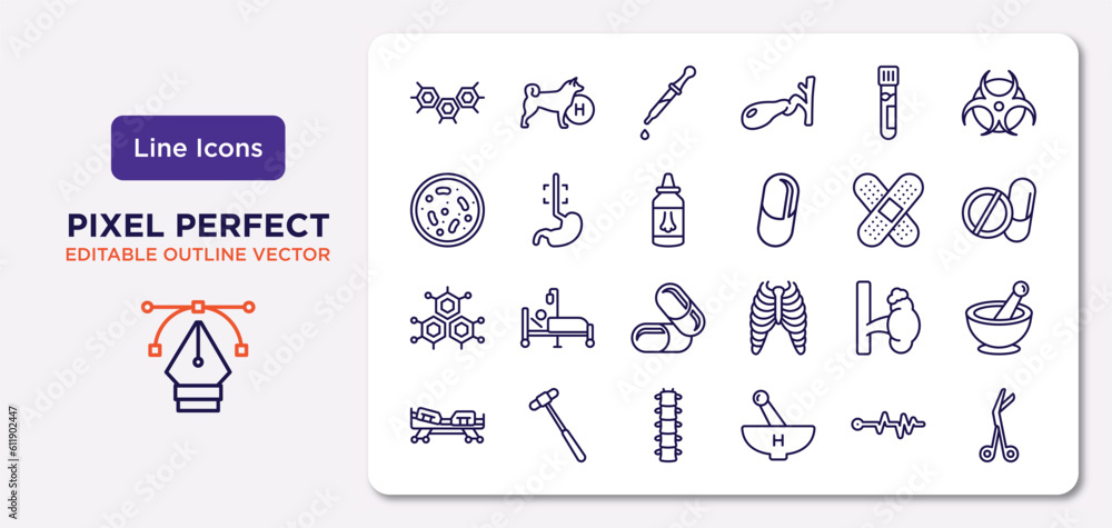 medical outline icons set. thin line icons such as three hexagons cell, blood analysis, l, molecular structure, adrenal gland, vertebra, pulse line, opened medical scissors vector. medical outline icons set. thin line icons such as three hexagons cell, blood analysis, l, molecular structure, adrenal gland, vertebra, pulse line, opened medical scissors vector.