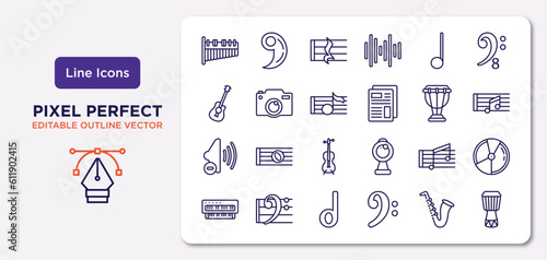 music and media outline icons set. thin line icons such as marimba, quarter note, crotchet, low volume speaker, beam, minim, jazz, djembe vector. © IconArt