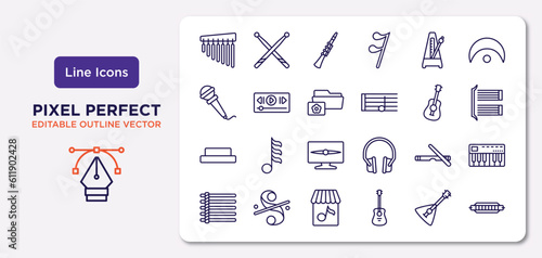 music and media outline icons set. thin line icons such as chimes, metronome, image archive, half rest, clave, music store, balalaika, harmonica vector.
