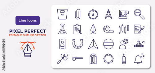 miscellaneous outline icons set. thin line icons such as body weight, wringer, rune, front camera, thinking solutions, stained glass window, muay thai, snooze vector.