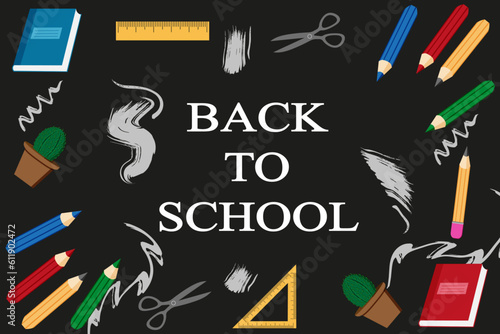 Back to School concept. Set of ruler, notebook, pencil on blackboard. Background of School supplies. Horizontal vector banner. 