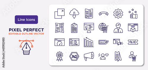 marketing outline icons set. thin line icons such as pop up, execution, online marketing, velocity test, video marketing, promote, eticket, consumer vector.