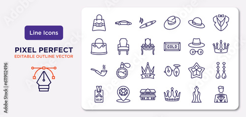 luxury outline icons set. thin line icons such as gift bag, bowler hat, dressing table, smoke pipe, stars, cottage, luxury dress, business man vector. © IconArt