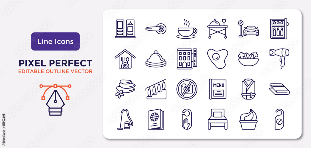 hotel and restaurant outline icons set. thin line icons such as checkroom, parking, hotel, hot stones, bathrobe, do not disturb, frozen yogurt, doorknob vector. hotel and restaurant outline icons set. thin line icons such as checkroom, parking, hotel, hot stones, bathrobe, do not disturb, frozen yogurt, doorknob vector.