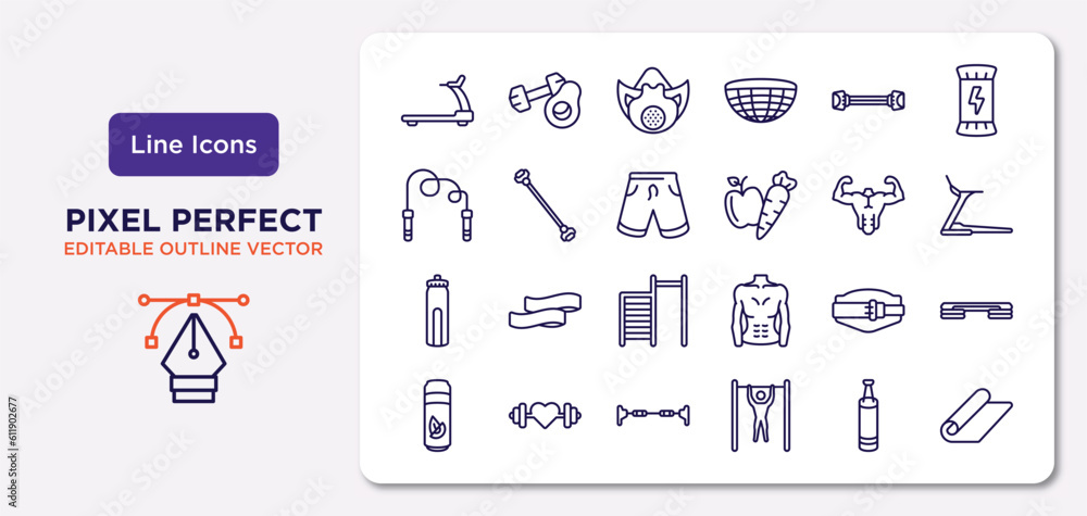 gym and fitness outline icons set. thin line icons such as running hine, chest expanders, fitness shorts, hydratation, lumbar belt, horizontal bar, boxing bag, mat for fitness vector.