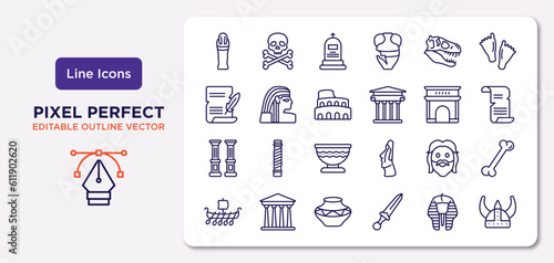history outline icons set. thin line icons such as mummy, diaur, colosseum, columns, face, ancient jar, sphinx, viking helmet vector.