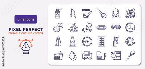 health and medical outline icons set. thin line icons such as desinfectant, girl, phonendoscope, salt, saline, defibrillator, nutrition, sperm vector.