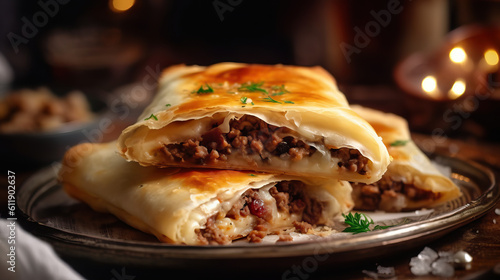 Puff pastry pie  filled with minced meat
 (ID: 611902637)