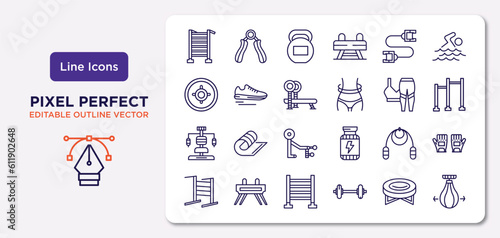 gym equipment outline icons set. thin line icons such as swedish wall, strandpulling, bench press, gym station, jumping rope, trellis, jumping equipment, punching ball vector.