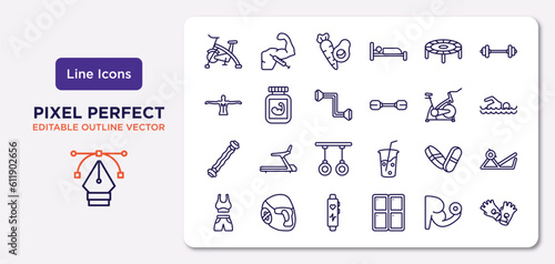 gym and fitness outline icons set. thin line icons such as riding bicycle, trampoline, resistance, sport expander, pill and tablet, fitness bracelet, lifting dumbbells, fitness gloves vector.