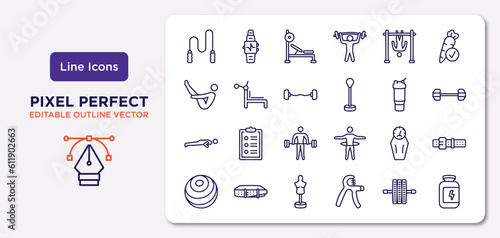 gym and fitness outline icons set. thin line icons such as skip rope, bar exercising, dumbbells bar, pushups exercises,  , boxing mannequin, gymnastic roller, protein vector.