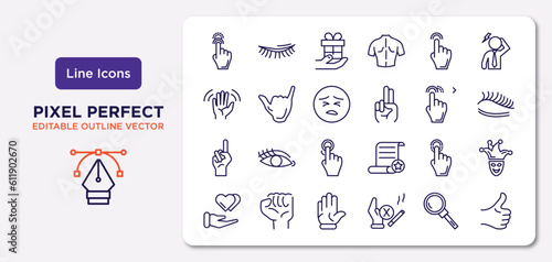 gestures outline icons set. thin line icons such as drag up, hand pointer, sad face, finger up, drag down, hand up, look thumb finger vector.