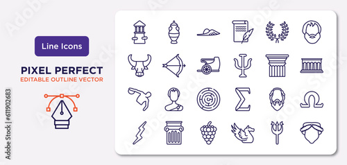 greece outline icons set. thin line icons such as olympus, laurel, chariot, sports games, socrates, grapes bunch, poseidon, muse vector.