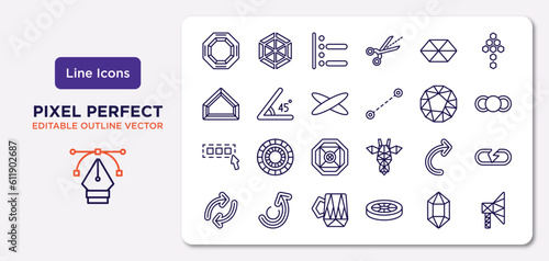 geometry outline icons set. thin line icons such as octagon, hexahedron, ellipse, select all, undo, polygonal coffee cup, polygonal jewel, polygonal megaphone vector.