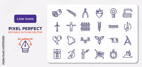 general collection. outline icons set. thin line icons such as live paint, winning, wooden fence, floating balloons, perforator, leader with loudspeaker, analog stopwatch, sand vector. © IconArt