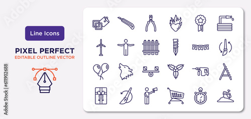 general collection. outline icons set. thin line icons such as live paint, winning, wooden fence, floating balloons, perforator, leader with loudspeaker, analog stopwatch, sand vector.