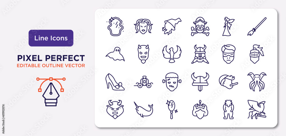 fairy tale outline icons set. thin line icons such as magic mirror, myth, phoenix, cinderella shoe, pinocchio, enchanted mirror, yeti, griffin vector.