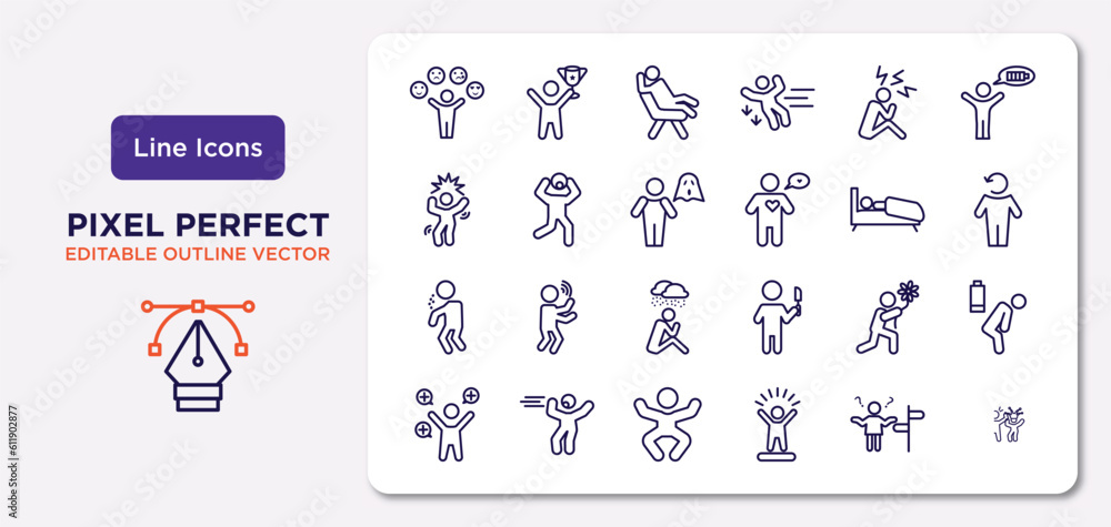 feelings outline icons set. thin line icons such as emotional human, stressed human, stupid human, rough sorry silly lost funny vector.