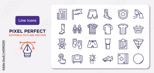 football outline icons set. thin line icons such as newspaper, badge, referee jersey, medals, plan, yellow card, cards, red vector.