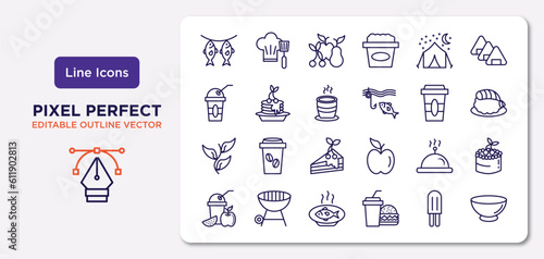 food outline icons set. thin line icons such as dried fish, night camping, tea cup of japan, herb, hotel service, fish food, ice lolly, empty bowl vector.