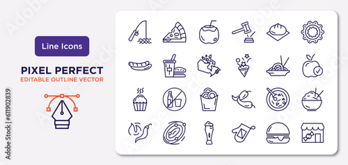 food outline icons set. thin line icons such as fishing tool, wonton, canadian, muffin bake, luosifen, jar of beer, hamburger with bacoon, candy shop vector.