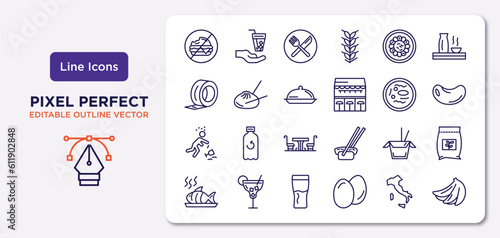 food outline icons set. thin line icons such as forbidden burguer, fuqi feipian, salver, alcoholic, chinese food box, pint,  , bananas vector. photo