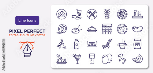 food outline icons set. thin line icons such as forbidden burguer, fuqi feipian, salver, alcoholic, chinese food box, pint,  , bananas vector.