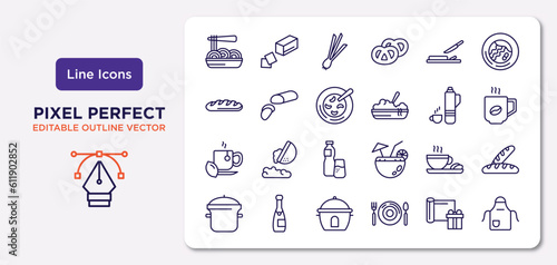 food outline icons set. thin line icons such as pasta, chop, red bean soup, hot herbal, warm cup and plate, boiler, wrapping, kitchen pack vector.