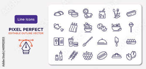 food collection. thin outline icons set. thin line icons such as dumpling, organic food, healthy nutrition, drinks menu, bitten ice cream, raspberry leaf, king cake, pistachio vector.