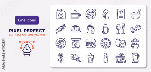 food outline icons set. thin line icons such as pack, restaurant menu, healthy shakes, mapo tofu, boiled egg, water glass,  , blend vector.