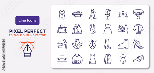 fashion outline icons set. thin line icons such as pajamas, diadem, women swimsuit, man printing, footwear, tunic, swimwear, men shoe vector.