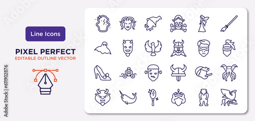 fairy tale outline icons set. thin line icons such as magic mirror, myth, phoenix, cinderella shoe, pinocchio, enchanted mirror, yeti, griffin vector.