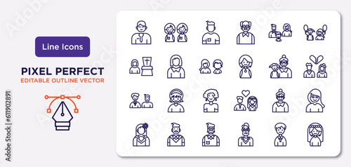 family relations outline icons set. thin line icons such as husband, parent's sibling, sibling, step-brother, grandmother, father-in-law, nephew, wife vector.