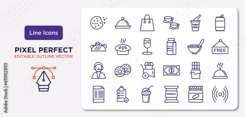 fast food outline icons set. thin line icons such as biscuit, yogurt, alcoholic drink, operator, chote, frappe, peanut butter, online vector.