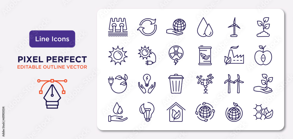 ecology outline icons set. thin line icons such as dam, wind mills, nuclear energy, eco plug, wind mill, green house, eco, eco cell vector.