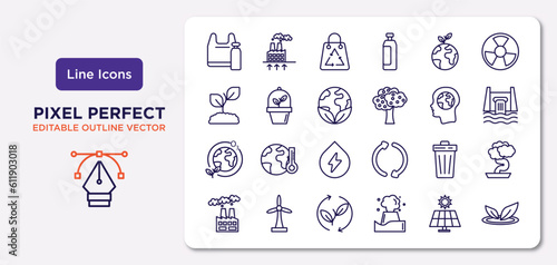 ecology outline icons set. thin line icons such as plastic, green earth, save the world, ozone layer, waste, renewable, solar panels, nature vector.