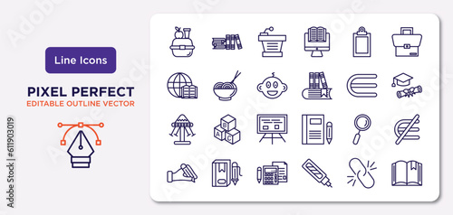 education outline icons set. thin line icons such as lunchbox, blank clipboard, kid, swinging, magnification lens, school calculator, binding, book with bookmark vector.