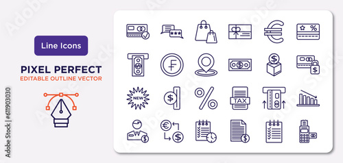 e commerce and payment outline icons set. thin line icons such as card payment, euro, map pointer, new, insert card, waiting list, shopping list, card hine vector.