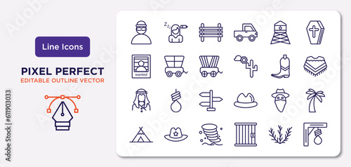 desert outline icons set. thin line icons such as bandit, watertower, wild west cart, sheik, outlaw, sandstorm, tumbleweed, gibbet vector.