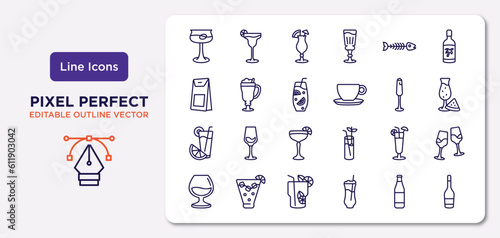 drinks outline icons set. thin line icons such as martinez, fish skeleton, ice tea, greyhound drink, sex on the beach, mojito, lime rickey drink, wine bottles vector.