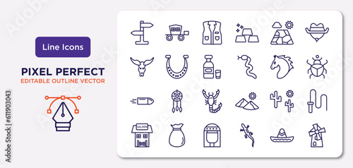 desert collection. thin outline icons set. thin line icons such as  , salty desert, alcohol bottle, bullet, desert tree, cleopatra, mexican hat, mill vector.