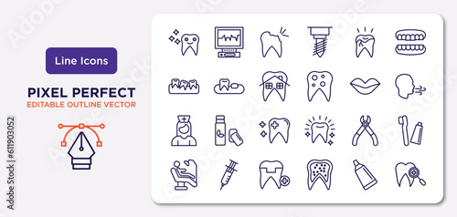 dentist outline icons set. thin line icons such as shiny tooth, broken tooth, dental house, male nurse, tooth pliers, molar crown, toothpaste tube, dental checkup vector.