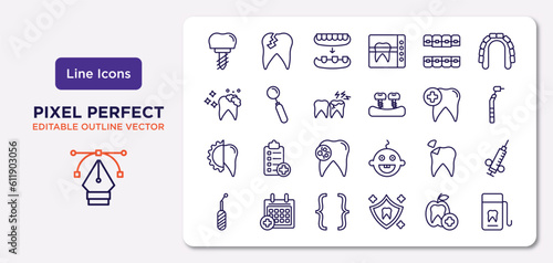 dentist outline icons set. thin line icons such as implant, lingual braces, toothache, apicoectomy, dental filling, brackets, dentist, dental floss vector.